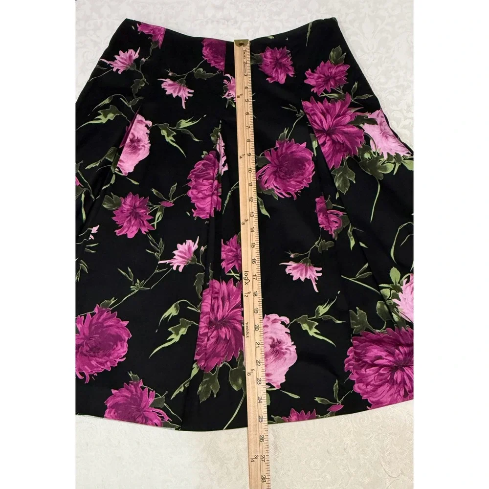 Talbots Pleated A-Line Skirt Womens 4 Black Pink Floral Knee Length Cotton Blend